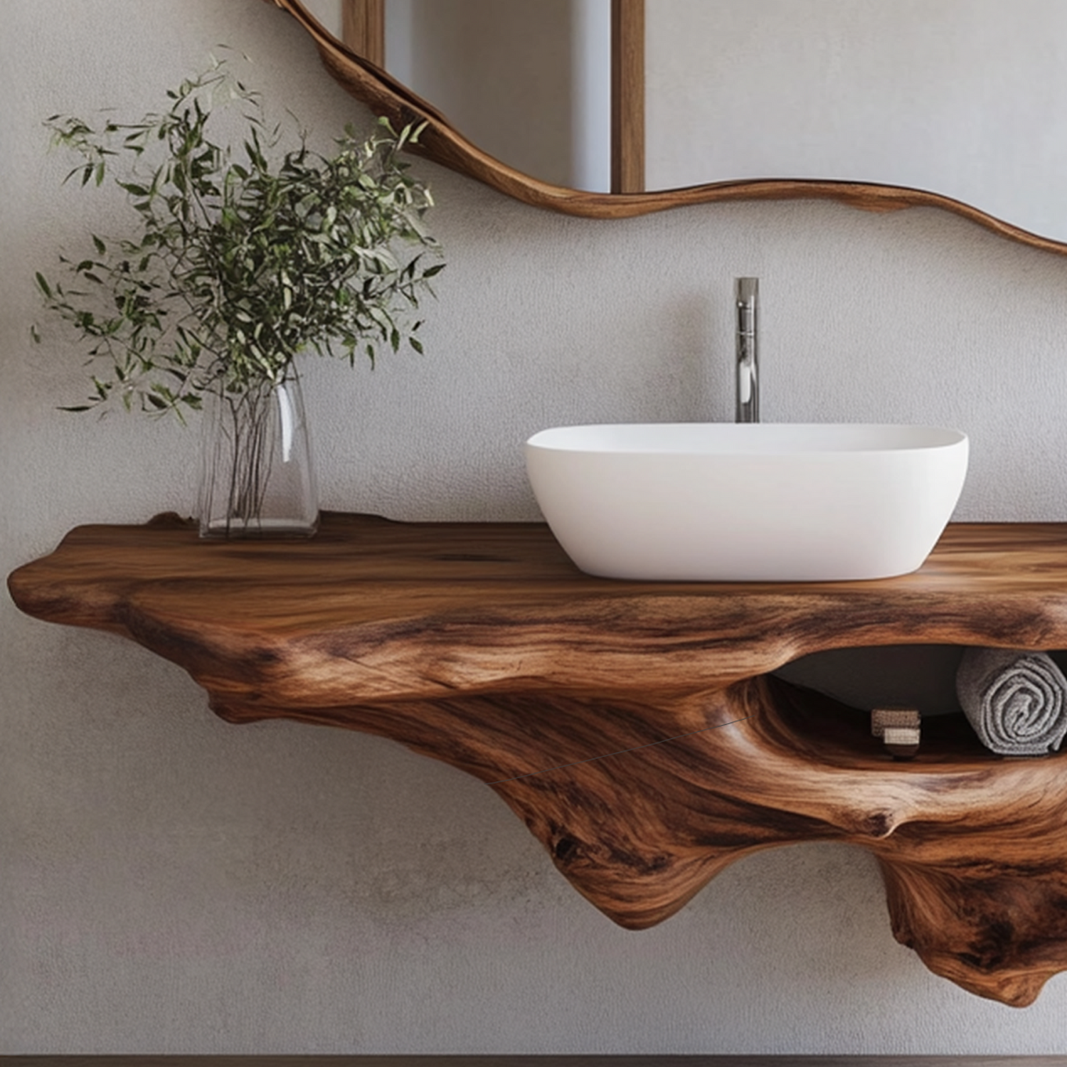 Handcrafted farmhouse bathroom vanity sink by Lumoro, featuring rustic wood finish and minimalist basin design, ideal for luxury renovations.